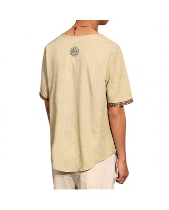Mens Chinese Style Summer Linen Solid Color Short Sleeve T-shirt V-neck Top Tee