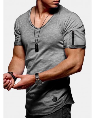 Mens Summer Zipper Design Breathable Solid Color O-neck Short Sleeve Slim Casual T Shirt