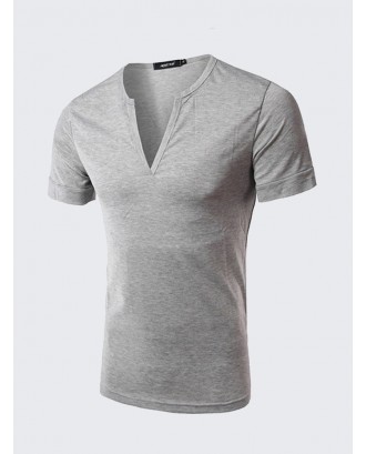 Casual Slim Fit Simple Style Cotton Solid Color Short Sleeve V-Neck T Shirt For Men