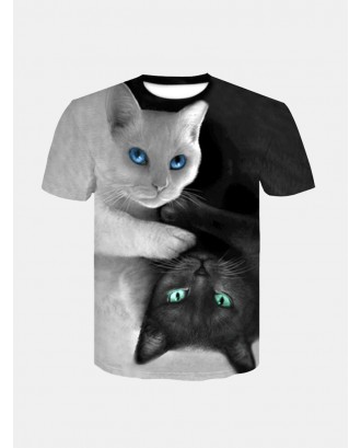 Mens Summer 3D Cat Printing O-neck Short Sleeve Casual Funny T Shirts