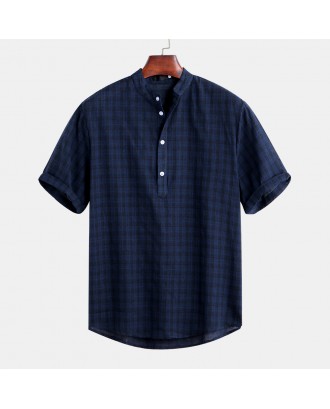 Mens Plaid Printed Stand Collar Short Sleeve Loose Casual Henley Shirts