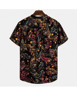 Mens Summer Fashion Casual Stand Collar Short Sleeve Flower Shirt