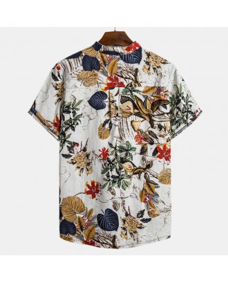 Mens Tropical Plants Printing Stand Collar Short Sleeve Henley Shirt