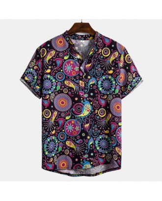 Mens Ethnic Style Funny Printing Loose Casual Short Sleeve Summer Henley Shirts