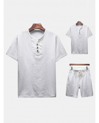 Mens Summer Thin Sets Vintage Solid Color Suits Linen Short-sleeve T Shirt and Shorts