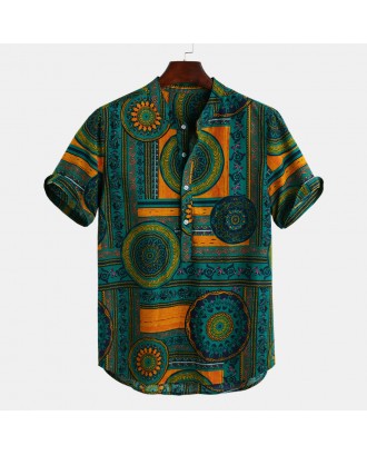 Mens Ethnic Style Printed Cotton Breathable Summer Short Sleeve Buttons Fly Henley Shirts
