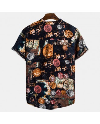 Mens Ethnic Style Funny Coins Printed Short Sleeve Loose Casual Henley Shirts