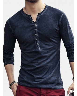 Mens 100% Cotton Distressed Design Slim Fit Long Sleeve  Henry Collar Button Placket T-Shirt