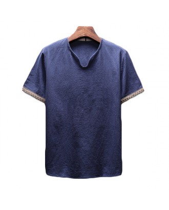 Mens Chinese Style Linen Retro Solid Color Summer Casual T Shirt