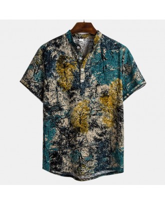 Mens Chinese Style Tie dyeing Printing Short Sleeve Loose Casual Henley Shirts