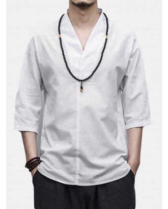 Mens Vintage Chinese Style Cotton Linen Solid Color Half Sleeve V-neck Casual Loose T Shirts
