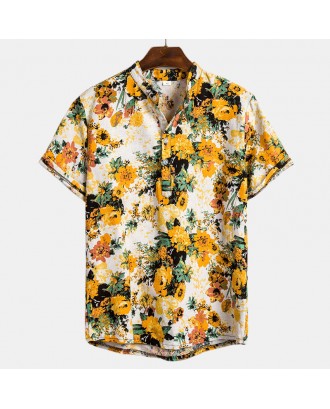 Mens Vacation Style Loose Printed Stand Collar Short Sleeve Henry Shirt