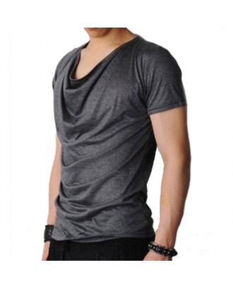 Mens Summer Heap Collar Solid Color Slim Fit Casual T Shirts