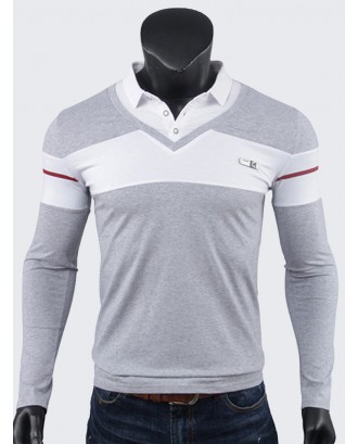 Mens Cotton Slim Fit Turn-down Collar Contrast Color Long Sleeve Golf Shirts