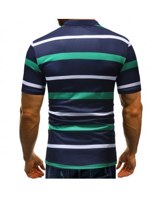 Mens Business Casual Striped Printed Tops Turndown Collar Short Sleeve Cotton Golf Shirt