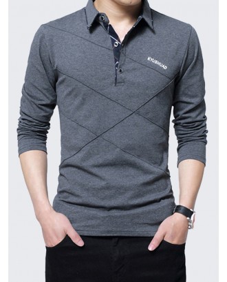Mens Line Design Fleece Lining Turndown Collar Long Sleeve Casual Cotton Polo Shirt