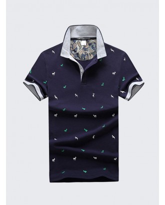 Mens Stylish Deer Printed Summer Golf Shirt Breathable Cotton Slim Fit Business Casual Tops