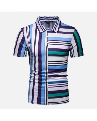 Mens Multi Color Striped Turn Down Collar Short Sleeve Comfy  Golf Shirts