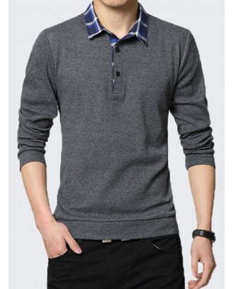 Mens Plaid Printed Knitting Shirt Solid Patchwork Turndown Collar Slim Fit Casual Golf Shirt