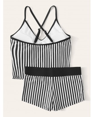 Striped Criss Cross Top With Shorts Tankini