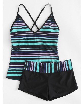 Striped Criss Cross Top With Shorts Tankini Set