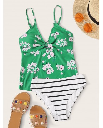 Floral Print Top With Striped Panty Tankini