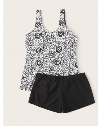 Floral Print Top With Shorts Tankini