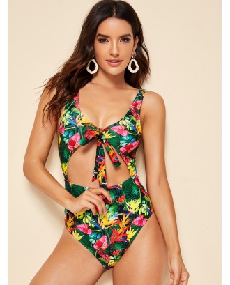 Tropical Knot Front Cut-out One Piece Swimsuit