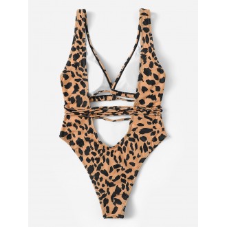 U Back Self Tie Leopard One Piece Swimsuit