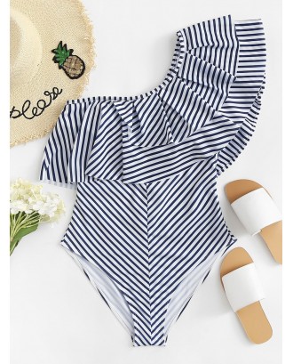 Layered Flounce Striped One Shoulder One Piece Swimsuit