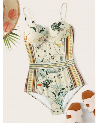 Floral Print Underwire One Piece Swimwear