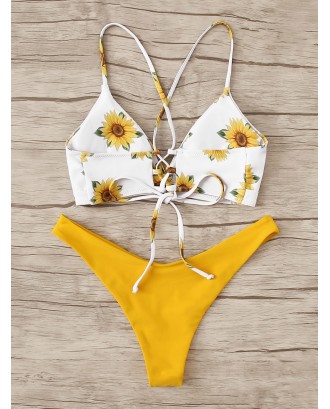 Sunflower Print Lace Up Back Swimwear Set