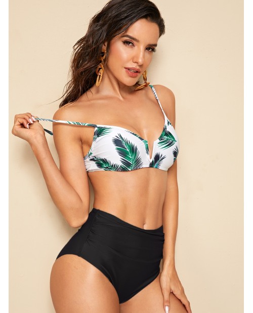 Palm Print Top With Ruched High Waist Swimwear