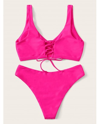 Neon Pink Lace Up Back Swimwear Set