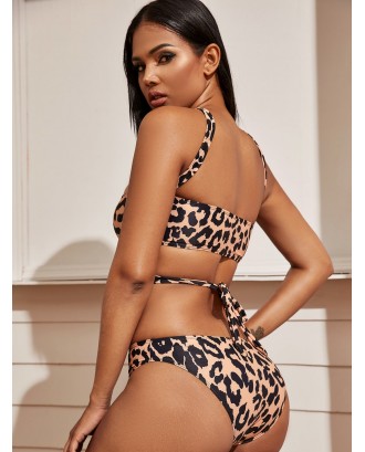 Leopard Criss Cross Top With Cheeky Swimwear Set