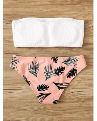 Ribbed Bandeau With Leaf Print Panty Swimwear Set