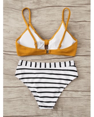Textured Knot Front Top With Striped Swimwear Set