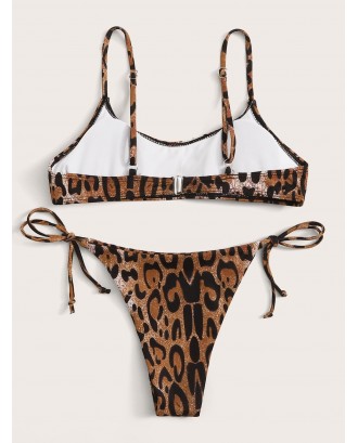 Leopard Spaghetti Strap Top With Tie Side Swimwear
