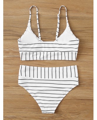 Striped V Neck Top With High Waist Swimwear Set