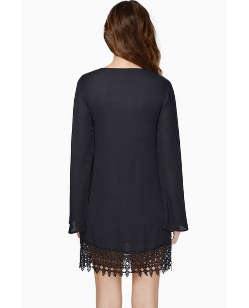 Black Crochet Lace Hem Long Sleeve Chiffon Dress