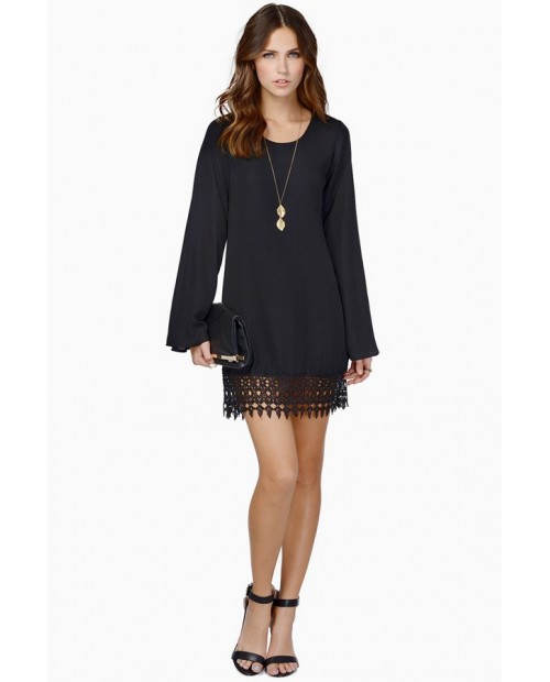 Black Crochet Lace Hem Long Sleeve Chiffon Dress