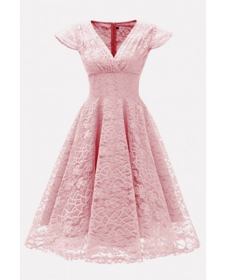 Pink V Neck Flutter Sleeve Beautiful A Line Lace Dress