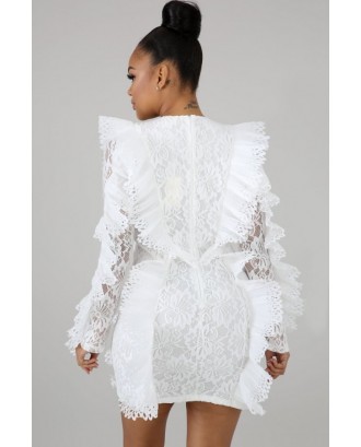 White Floral Crochet Ruffles Beautiful Bodycon Lace Dress