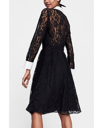 Black Splicing Button Lapel Long Sleeve Casual Lace Dress