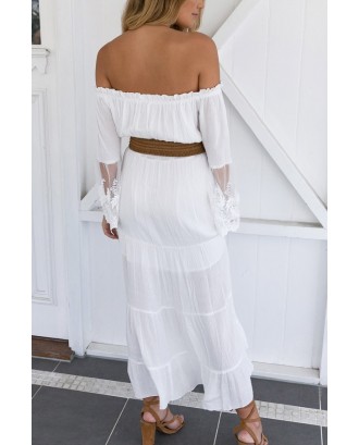 White Off Shoulder Lace Flare Sleeve Vacation Dress