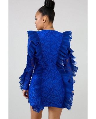 Blue Floral Crochet Ruffles Beautiful Bodycon Lace Dress