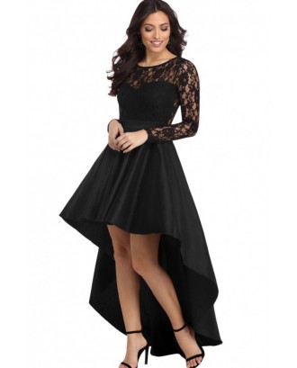 Black Mesh Lace Long Sleeve Beautiful Asymmetric High Low Party Dress