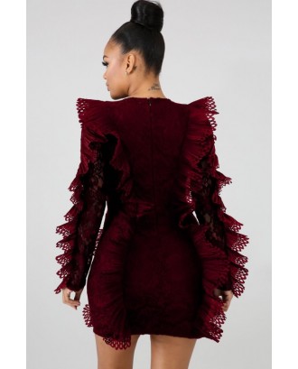 Dark-red Floral Crochet Ruffles Beautiful Bodycon Lace Dress