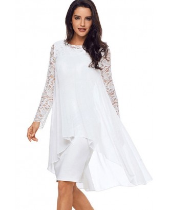 White Round Neck Mesh Lace Long Sleeve Asymmetric Layered Casual Dress