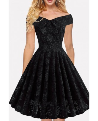 Black Off Shoulder Vintage A Line Lace Dress